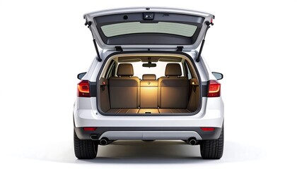 Rear view of a light-gray SUV with open trunk