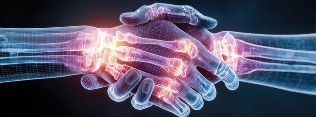 X-ray-like graphic of two hands clasped together, showing the skeletal structure and highlighting areas of inflammation or pain