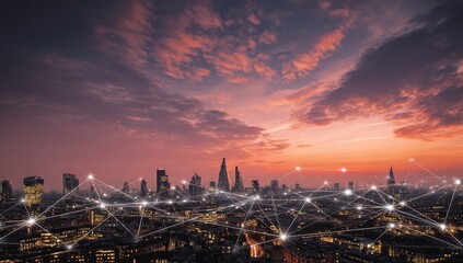 Fototapeta premium London cityscape at sunset, interconnected network
