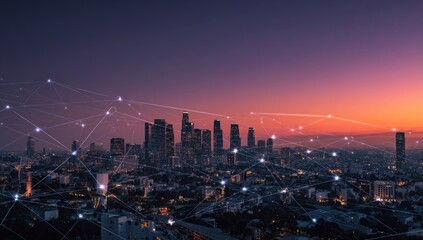 City skyline at sunset, overlaid with a network of lines and points
