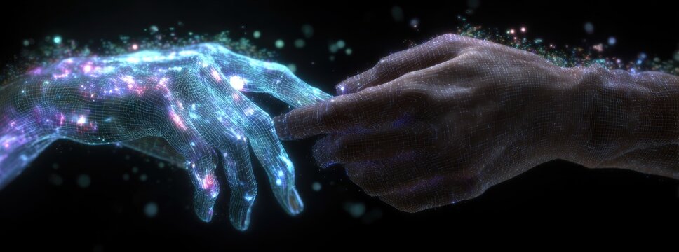 Two hands, glowing with ethereal light, touch