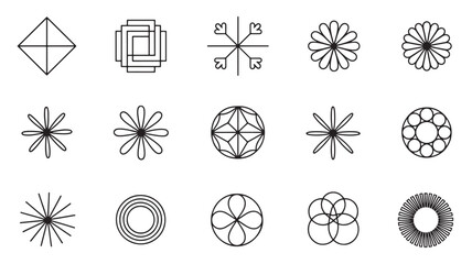Collection of 15 unique geometric line art floral and abstract design elements