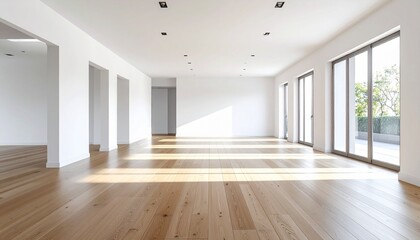 Obraz premium Sunlight streams into a spacious, unfurnished modern apartment with hardwood floors, white walls, and large glass doors.