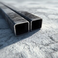 Two parallel, square-section metal pipes lie on a light gray textured surface.  The pipes show a slightly rough, dark gray patina