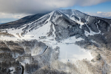 Naklejka premium Snow-covered mountain with ski pistes, chairlifts, and forest in Japan