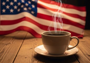 Hot coffee cup with american flag background on wooden table