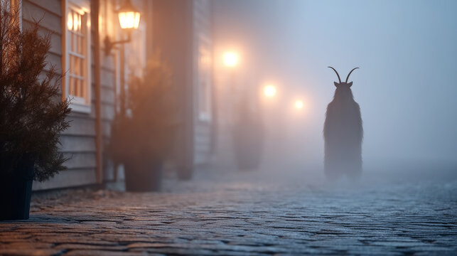 Mysterious krampus emerging from fog on a candlelit street for halloween design