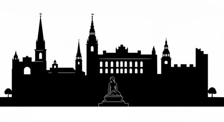 Fototapeta premium Silhouette of a city skyline with spires, buildings, and a statue in the foreground, black on white, simple created with generative ai