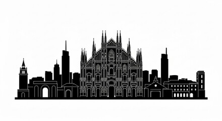 Fototapeta premium Black silhouette of milan skyline featuring the duomo cathedral and other buildings on a white background created with generative ai
