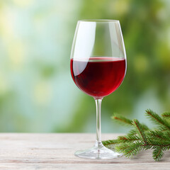 Elegant wine glass with pine branch on wooden shelf for holiday decor