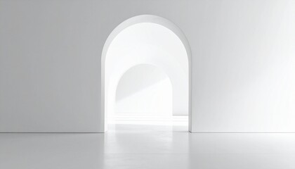 A minimalist architectural interior featuring a series of luminous arched doorways receding into a bright, white space, creating a sense of depth and serene passage.