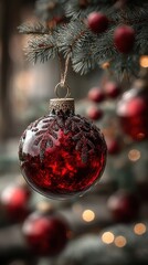 Red ornament hangs on Christmas tree branches adorned with festive decorations and warm lights during the holiday season
