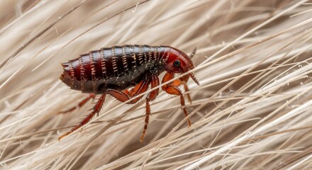 Close up of a flea on animal fur. Concept of pet parasite, insect pest and infestation. Macro shot for home protection.
