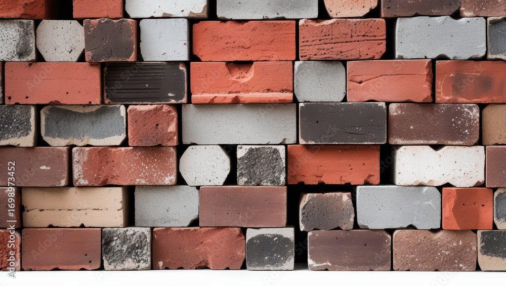 Poster stacked brick blocks in various colors and textures create visually appealing pattern. arrangement s