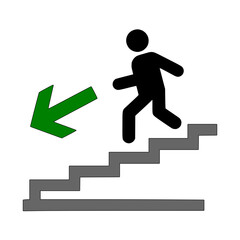 Person descends stairs following green directional arrow indicating exit route safety guidance
