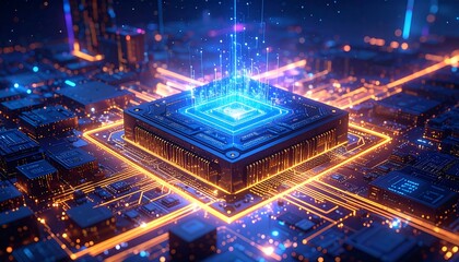 Advanced CPU on circuit board, glowing with digital data