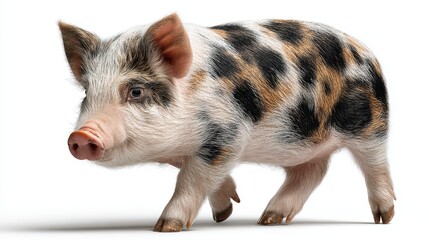 Unique spotted pig walking on a white background in a studio setting