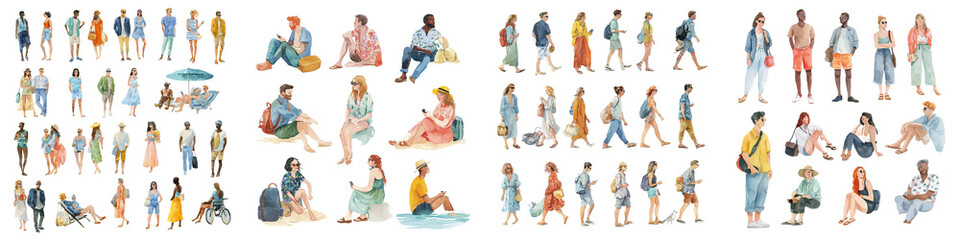 Watercolor people enjoying beach vacation, diverse group relaxing and walking in summer outfits, perfect for travel blogs and summer marketing visuals, vibrant and lively