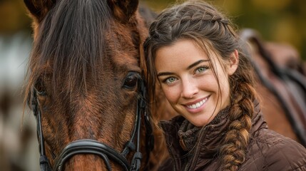 Young woman smiles beside brown horse during autumn afternoon at a stable in a countryside setting