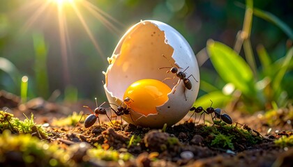Ants carrying egg yolk