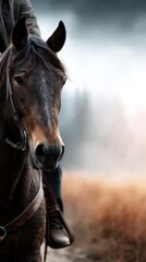 Close look at a horse ridden through foggy landscape showcasing the beauty of nature and the bond between rider and animal