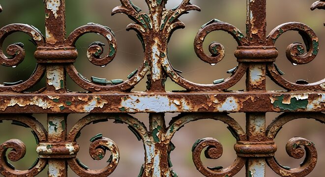 Textured rusty wrought iron fence detail with peeling paint and water droplets, evoking vintage charm and decay