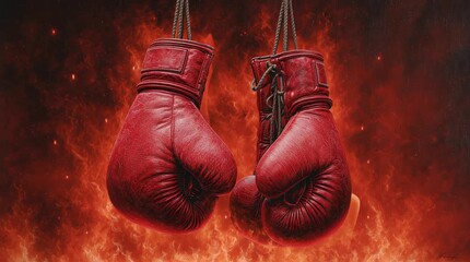 Red boxing gloves hang against a blazing backdrop, capturing the essence of action and energy in a powerful scene - Powered by Adobe