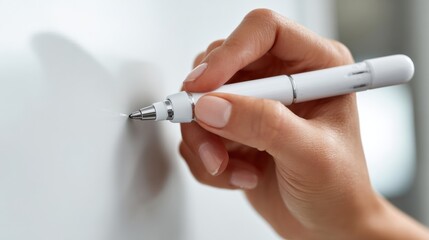 Hand Writing on a Whiteboard With a Metallic Pen in a Bright, Modern Office Setting During the Day