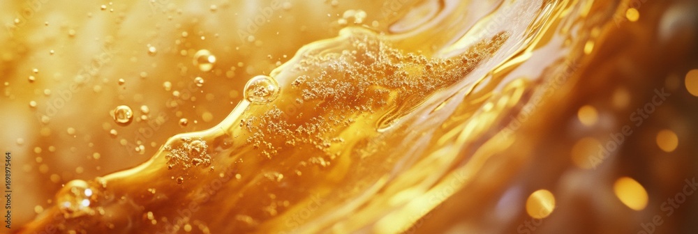 Poster golden liquid splashes with bubbles in vibrant light creating a beautiful abstract texture