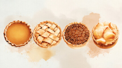 Minimalist Watercolor Illustration of Four Seasonal Pies with Pumpkin, Apple, Pecan, and Peach in Cozy Autumn Setting