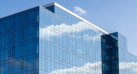 Sleek modern office building with reflective glass facade showing sky and clouds, a symbol of corporate success