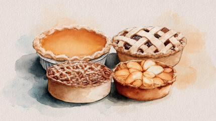 Minimalist Watercolor Illustration of Four Seasonal Pies with Pumpkin, Apple, Pecan, and Peach in Cozy Autumn Setting