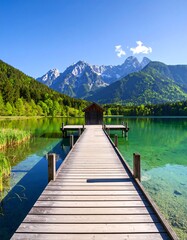 Serene alpine lake with wooden pier