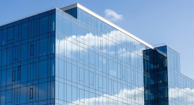Sleek modern office building with reflective glass facade showing sky and clouds, a symbol of corporate success