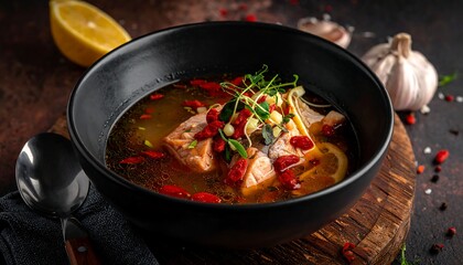 Salmon soup in black bowl on a wooden board; red peppers, lemon, garlic