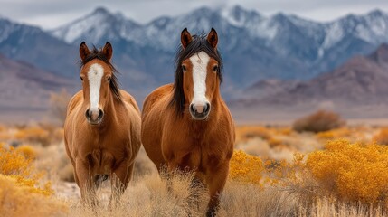 Fototapeta premium Horses standing in a colorful desert landscape near mountains in the early morning light