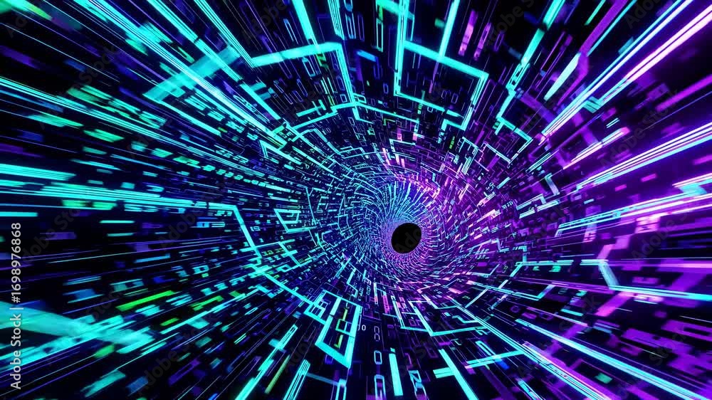 Poster dynamic, futuristic video concept with a tunnel of glowing digital lines. captured from a central pe