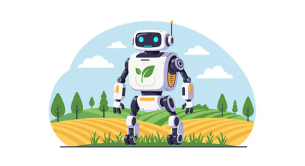 Fototapeta premium Illustration of futuristic robot with green leaf emblem standing in agricultural field, concept for precision farming, sustainable agriculture and automation in agriculture