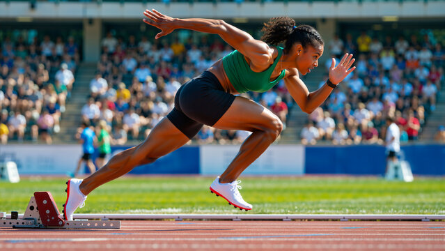 Female Sprinter Exploding from Starting Blocks at a Race