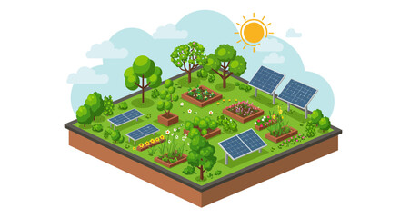 Fototapeta premium Isometric rooftop garden with solar panels, trees, plants and flower beds under blue sky and sunshine. Concept for sustainable urban living, renewable energy and green architecture