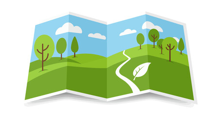 Fototapeta premium Green landscape vector illustration with folded paper style, featuring rolling hills, trees and a path, concept for ecological awareness, travel planning and environment protection