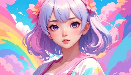 A captivating digital illustration of a young woman with vibrant purple and pink hair, flower accessories, and expressive eyes set against a backdrop of a colorful rainbow and soft clouds.