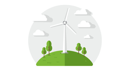 Vector illustration of a wind turbine on green hill with trees and cloudscape background. Concept for sustainable energy, renewable resources and eco-friendly technology