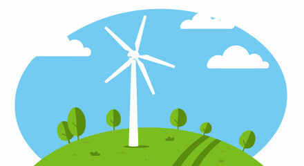 Fototapeta premium Stylized vector illustration of a wind turbine standing on a green hill under a blue sky with fluffy clouds, concept for sustainable energy solutions, ecological awareness and eco-friendly technology