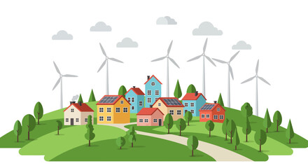 Fototapeta premium Illustration of a small town with wind turbines and solar panels on rooftops, symbolizing green energy. Concept for renewable energy solutions, sustainable living and environmental awareness campaign