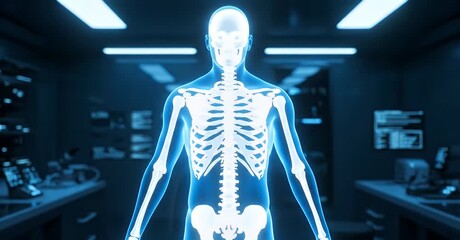 Human skeleton in a futuristic laboratory setting, glowing blue. - Powered by Adobe