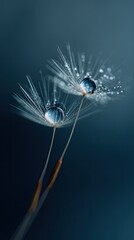 Two dandelion seeds, each with a large water droplet, against a deep teal background