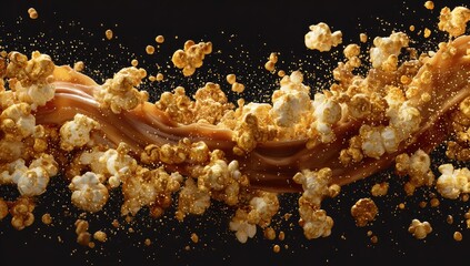Caramel popcorn explosion on black background