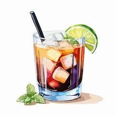 Rum and Cola Cocktail Vector Set — Classic Dark Mixed Drink with Lime and Ice