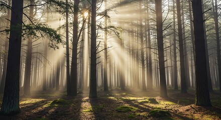 Sunbeams pierce misty pine forest canopy creating a serene and magical atmosphere for nature lovers